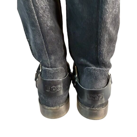 UGG Dree Black Leather Suede Harness Knee Boots Size 7 Round Toe Pull-On Moto - Picture 7 of 10